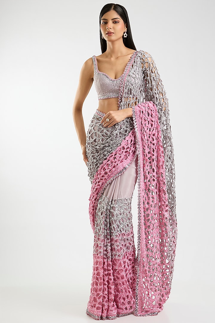 Silver & Pink Ombre Chiffon Sequins & Cutwork Bridal Saree Set by Sawan Gandhi at Pernia's Pop Up Shop