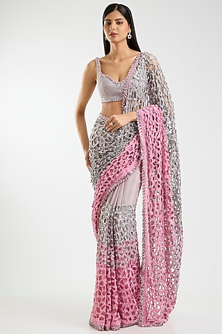 Silver & Pink Ombre Chiffon Sequins & Cutwork Saree Set by Sawan Gandhi