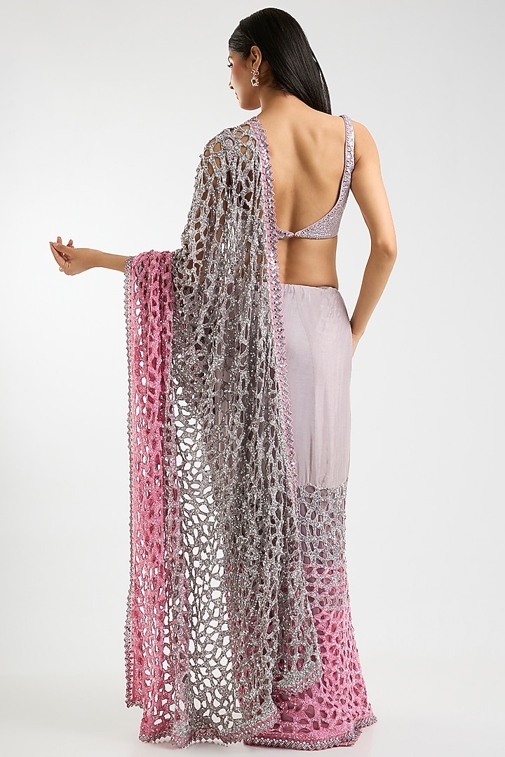 Silver & Pink Ombre Chiffon Sequins & Cutwork Bridal Saree Set by Sawan Gandhi at Pernia's Pop Up Shop