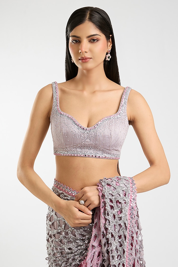 Silver & Pink Ombre Chiffon Sequins & Cutwork Bridal Saree Set by Sawan Gandhi at Pernia's Pop Up Shop