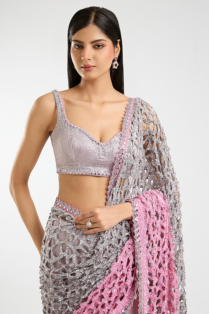 Silver & Pink Ombre Chiffon Sequins & Cutwork Bridal Saree Set by Sawan Gandhi at Pernia's Pop Up Shop