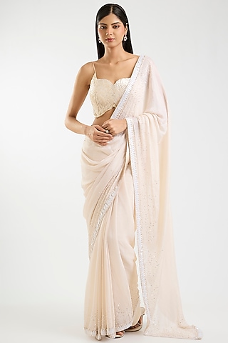 Ivory Chinon Chiffon Sequins Embroidered Saree Set by Sawan Gandhi