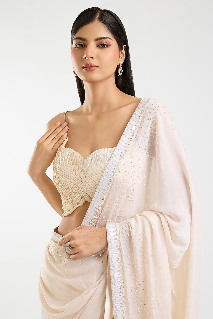 Ivory Chinon Chiffon Sequins Embroidered Reception Saree Set by Sawan Gandhi at Pernia's Pop Up Shop