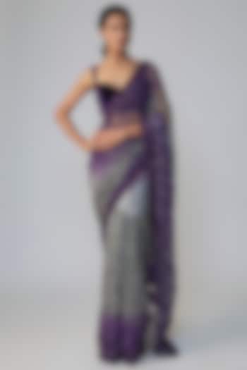 Purple & Grey Ombre Chiffon Sequins Embellished Bridal Saree Set by Sawan Gandhi at Pernia's Pop Up Shop