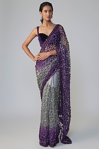 Purple & Grey Ombre Chiffon Sequins Embellished Saree Set by Sawan Gandhi