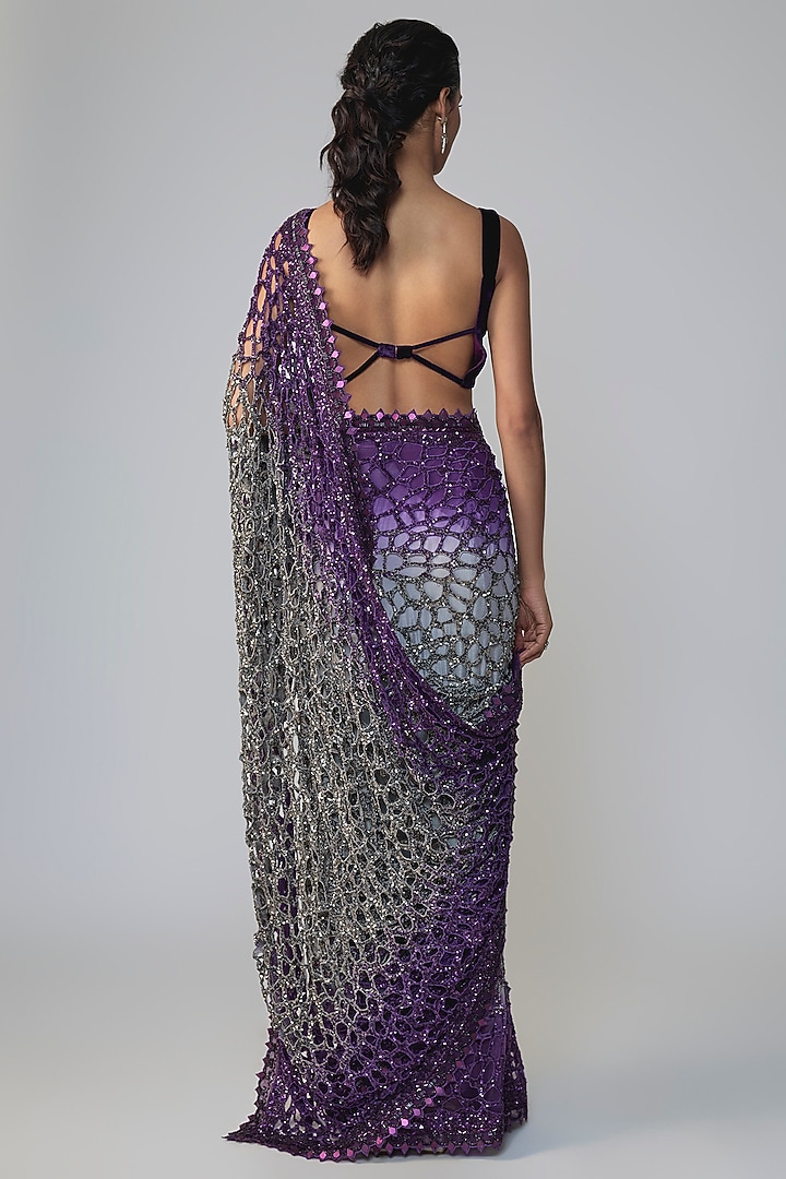 Purple & Grey Ombre Chiffon Sequins Embellished Bridal Saree Set by Sawan Gandhi at Pernia's Pop Up Shop