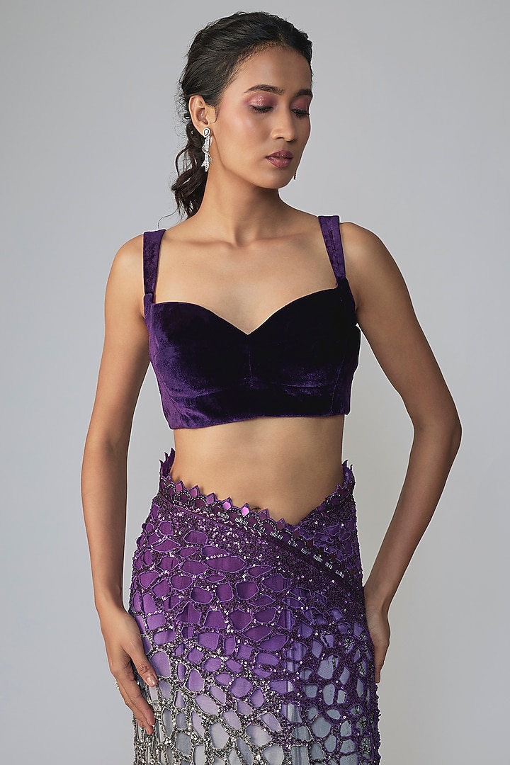 Purple & Grey Ombre Chiffon Sequins Embellished Bridal Saree Set by Sawan Gandhi at Pernia's Pop Up Shop