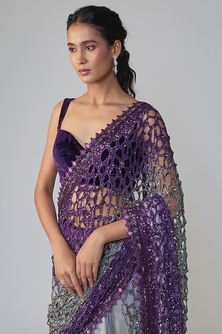 Purple & Grey Ombre Chiffon Sequins Embellished Bridal Saree Set by Sawan Gandhi at Pernia's Pop Up Shop