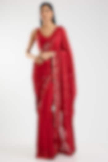 Crimson Red Chinon Chiffon Sequins Work Reception Saree Set by Sawan Gandhi at Pernia's Pop Up Shop