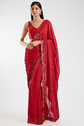Crimson Red Chinon Chiffon Sequins Work Saree Set by Sawan Gandhi
