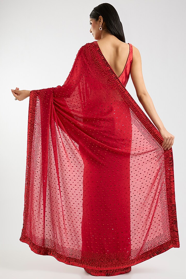 Crimson Red Chinon Chiffon Sequins Work Reception Saree Set by Sawan Gandhi at Pernia's Pop Up Shop