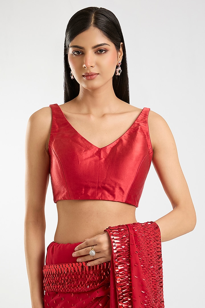 Crimson Red Chinon Chiffon Sequins Work Reception Saree Set by Sawan Gandhi at Pernia's Pop Up Shop