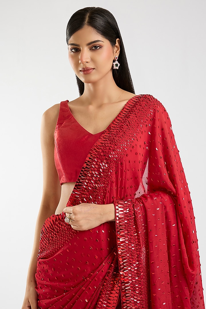 Crimson Red Chinon Chiffon Sequins Work Reception Saree Set by Sawan Gandhi at Pernia's Pop Up Shop