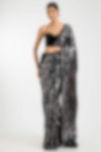 Black & Silver Georgette Sequins Jaal Embroidered Bridal Saree Set by Sawan Gandhi at Pernia's Pop Up Shop