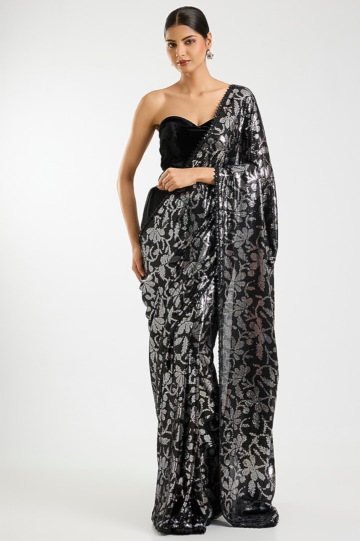 Black & Silver Georgette Sequins Jaal Embroidered Bridal Saree Set by Sawan Gandhi at Pernia's Pop Up Shop