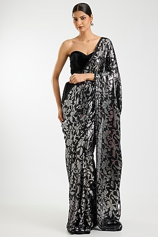 Black & Silver Georgette Sequins Jaal Embroidered Saree Set by Sawan Gandhi