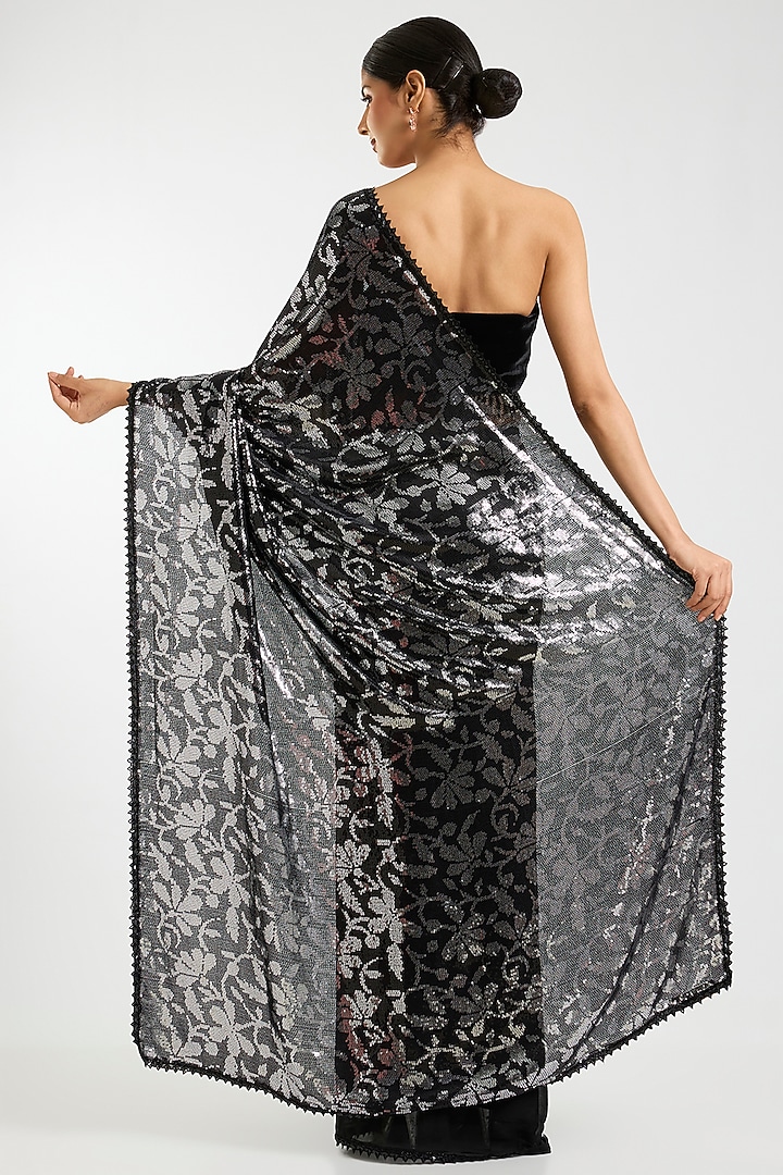 Black & Silver Georgette Sequins Jaal Embroidered Bridal Saree Set by Sawan Gandhi at Pernia's Pop Up Shop