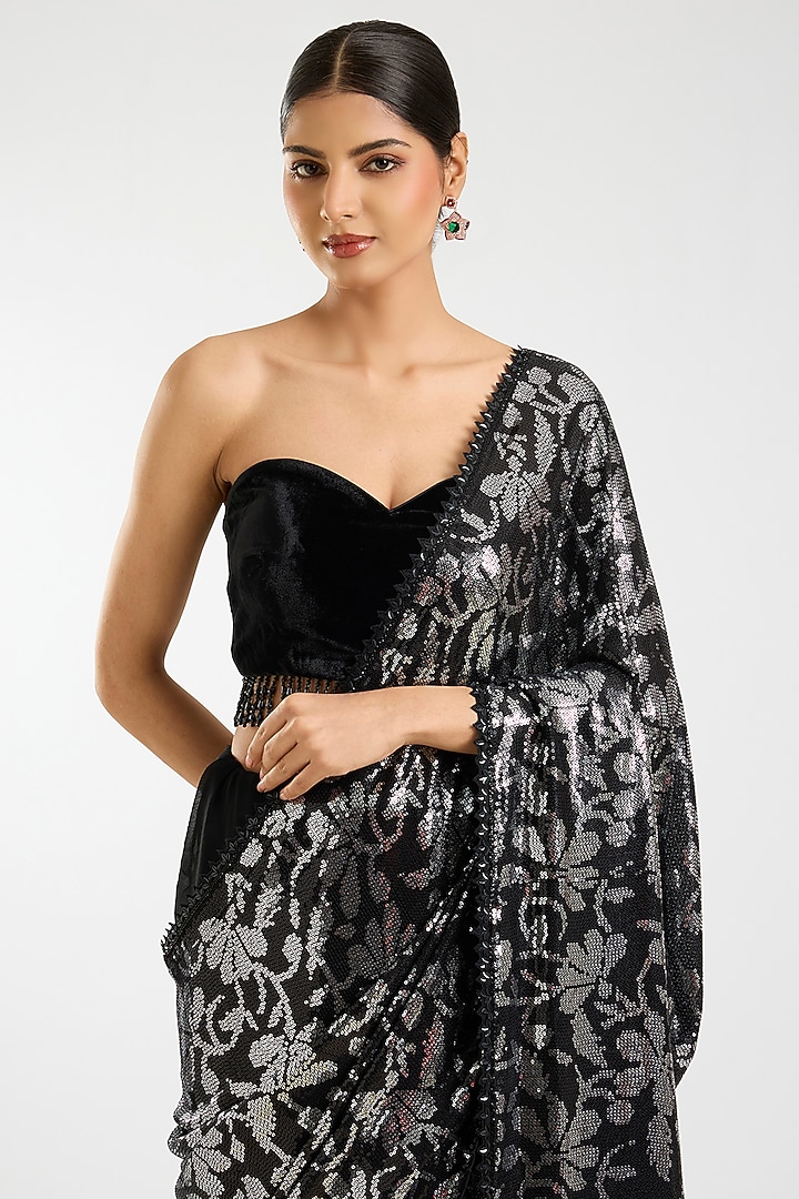 Black & Silver Georgette Sequins Jaal Embroidered Bridal Saree Set by Sawan Gandhi at Pernia's Pop Up Shop