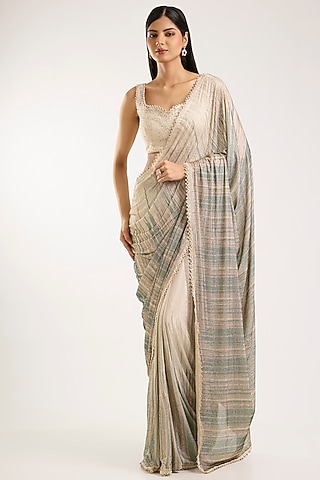 Ivory Chiffon Swarovski Work Saree Set by Sawan Gandhi