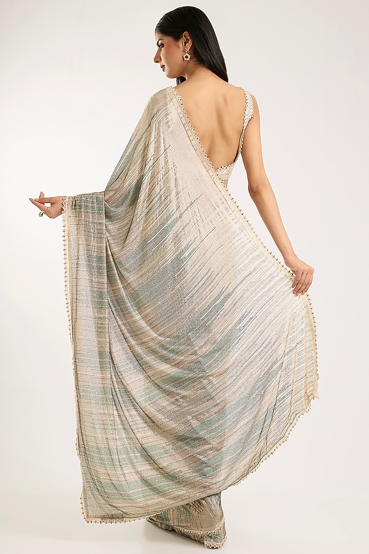 Ivory Chiffon Swarovski Work Bridal Saree Set by Sawan Gandhi at Pernia's Pop Up Shop