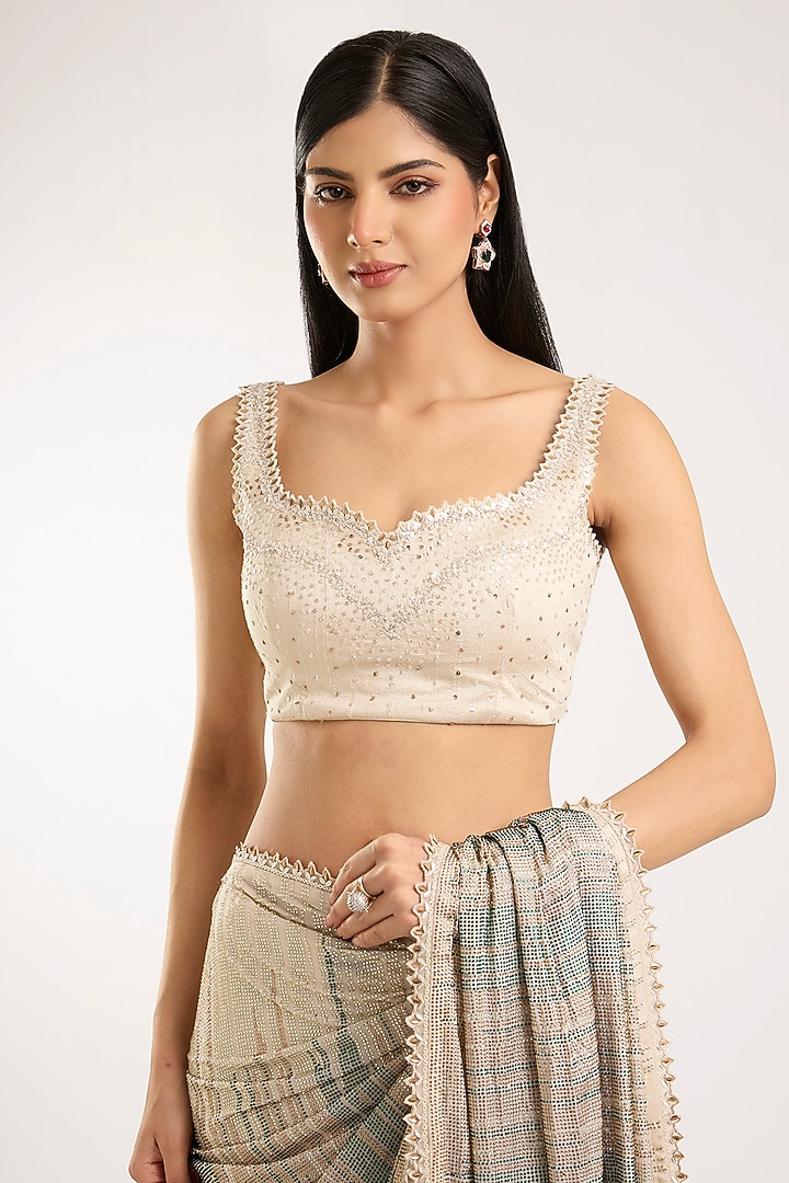 Ivory Chiffon Swarovski Work Bridal Saree Set by Sawan Gandhi at Pernia's Pop Up Shop