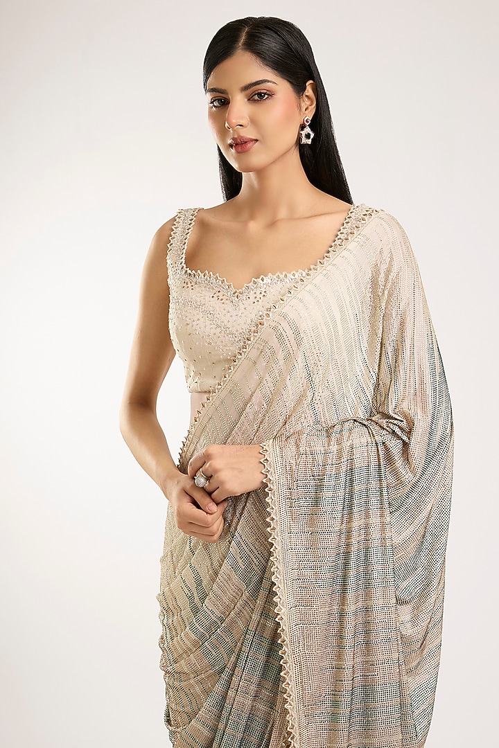 Ivory Chiffon Swarovski Work Bridal Saree Set by Sawan Gandhi at Pernia's Pop Up Shop