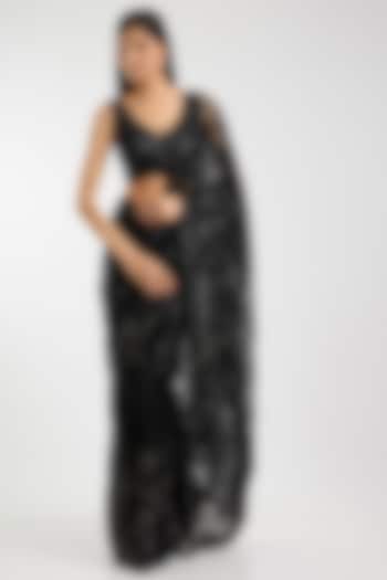 Black Georgette Sequins & Cutwork Bridal Saree Set by Sawan Gandhi at Pernia's Pop Up Shop