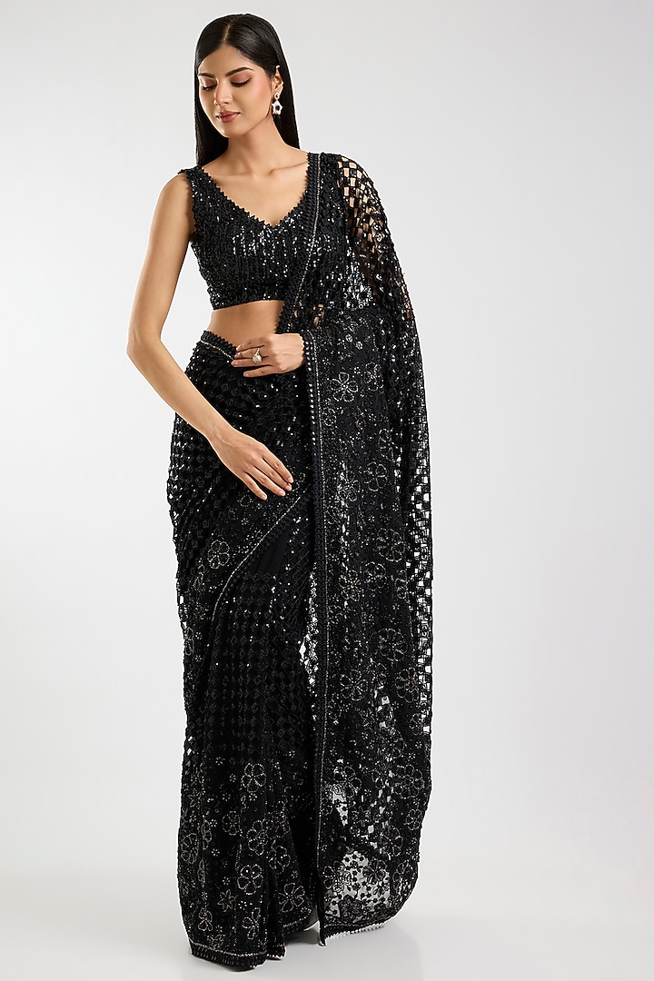 Black Georgette Sequins & Cutwork Bridal Saree Set by Sawan Gandhi at Pernia's Pop Up Shop