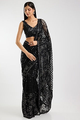 Black Georgette Sequins & Cutwork Saree Set by Sawan Gandhi