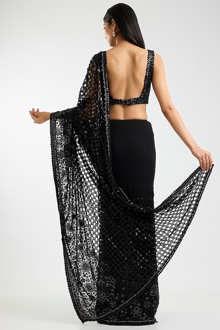 Black Georgette Sequins & Cutwork Bridal Saree Set by Sawan Gandhi at Pernia's Pop Up Shop