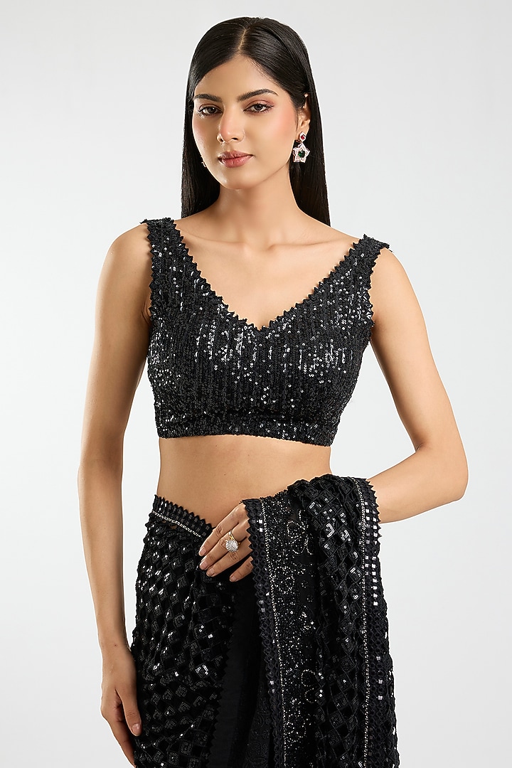 Black Georgette Sequins & Cutwork Bridal Saree Set by Sawan Gandhi at Pernia's Pop Up Shop