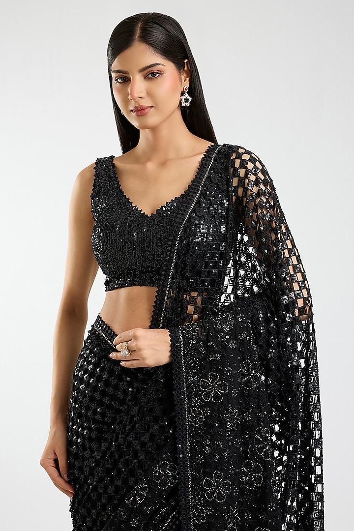 Black Georgette Sequins & Cutwork Bridal Saree Set by Sawan Gandhi at Pernia's Pop Up Shop