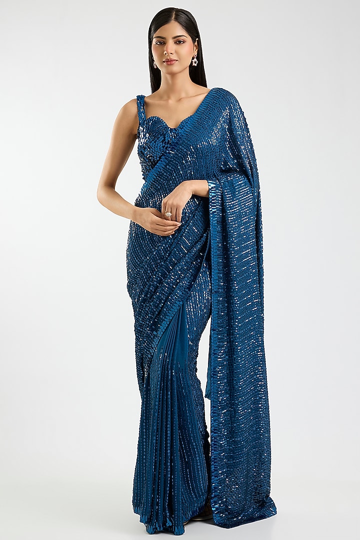 Electric Blue Chiffon Kashti Sequins Embroidered Bridal Saree Set by Sawan Gandhi at Pernia's Pop Up Shop