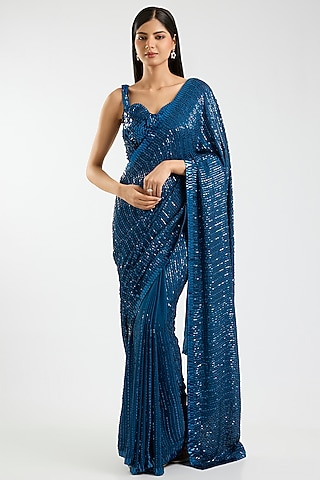 Electric Blue Chiffon Kashti Sequins Embroidered Saree Set by Sawan Gandhi