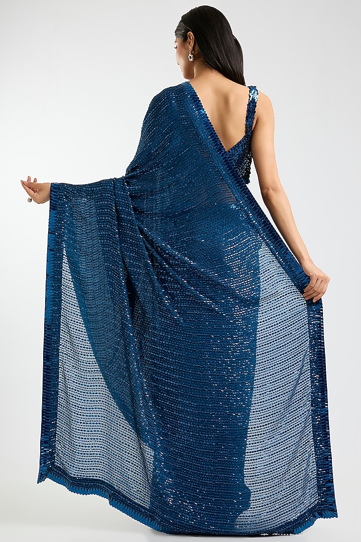 Electric Blue Chiffon Kashti Sequins Embroidered Bridal Saree Set by Sawan Gandhi at Pernia's Pop Up Shop