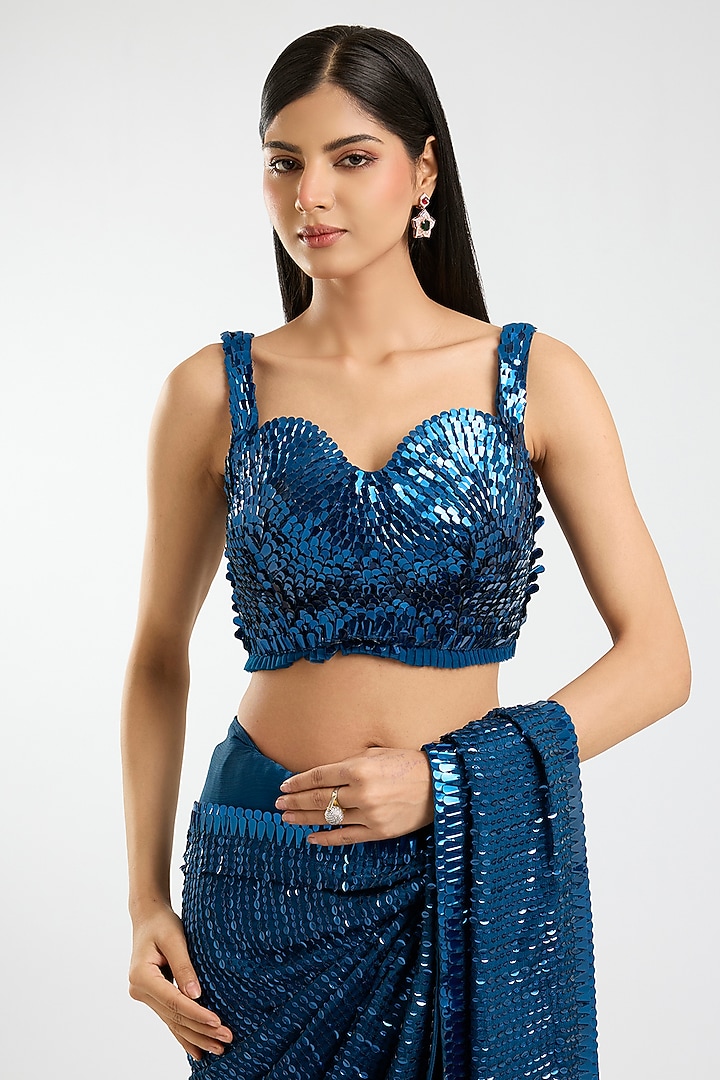 Electric Blue Chiffon Kashti Sequins Embroidered Bridal Saree Set by Sawan Gandhi at Pernia's Pop Up Shop