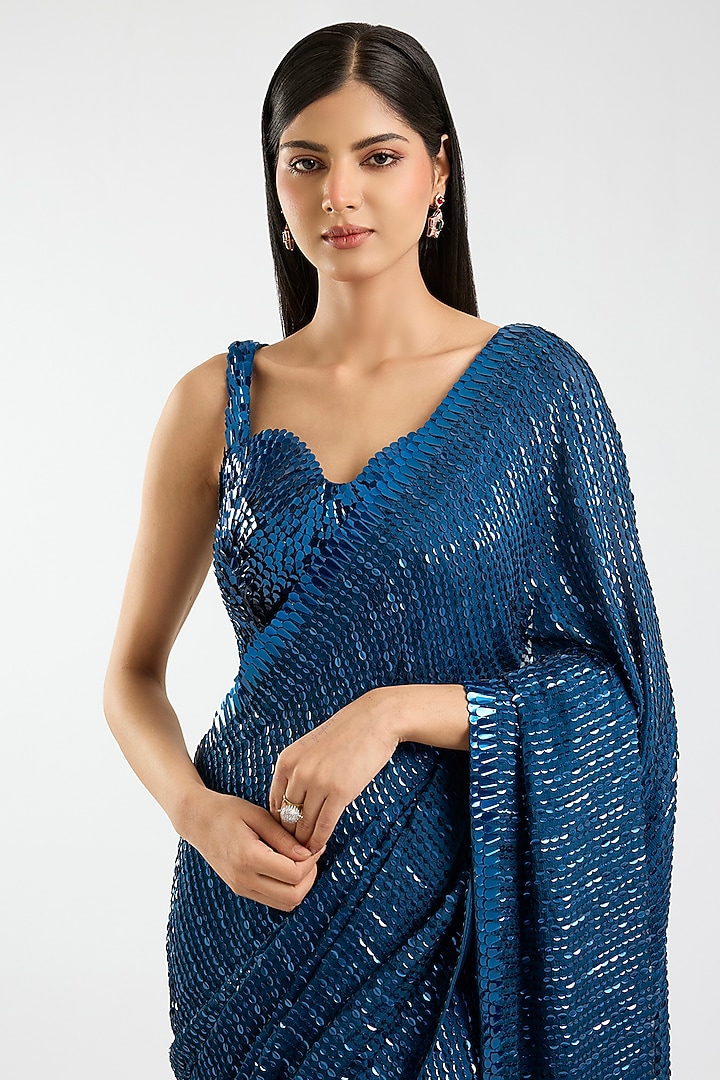 Electric Blue Chiffon Kashti Sequins Embroidered Bridal Saree Set by Sawan Gandhi at Pernia's Pop Up Shop