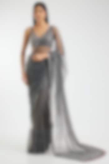 Dark Grey Net Sequins & Mirror Work Reception Saree Set by Sawan Gandhi at Pernia's Pop Up Shop