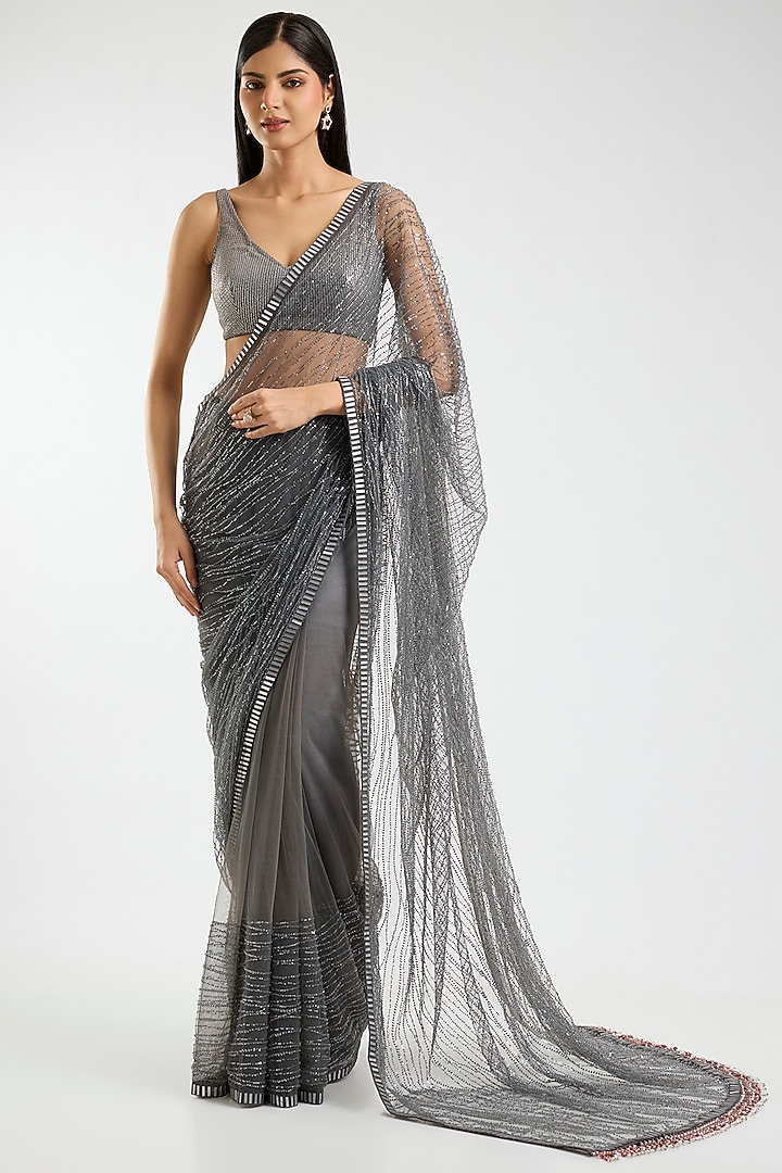 Dark Grey Net Sequins & Mirror Work Reception Saree Set by Sawan Gandhi at Pernia's Pop Up Shop