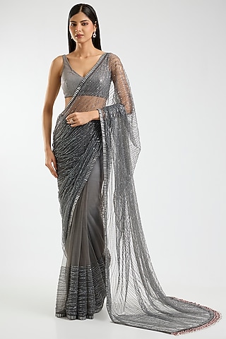 Dark Grey Net Sequins & Mirror Work Saree Set by Sawan Gandhi