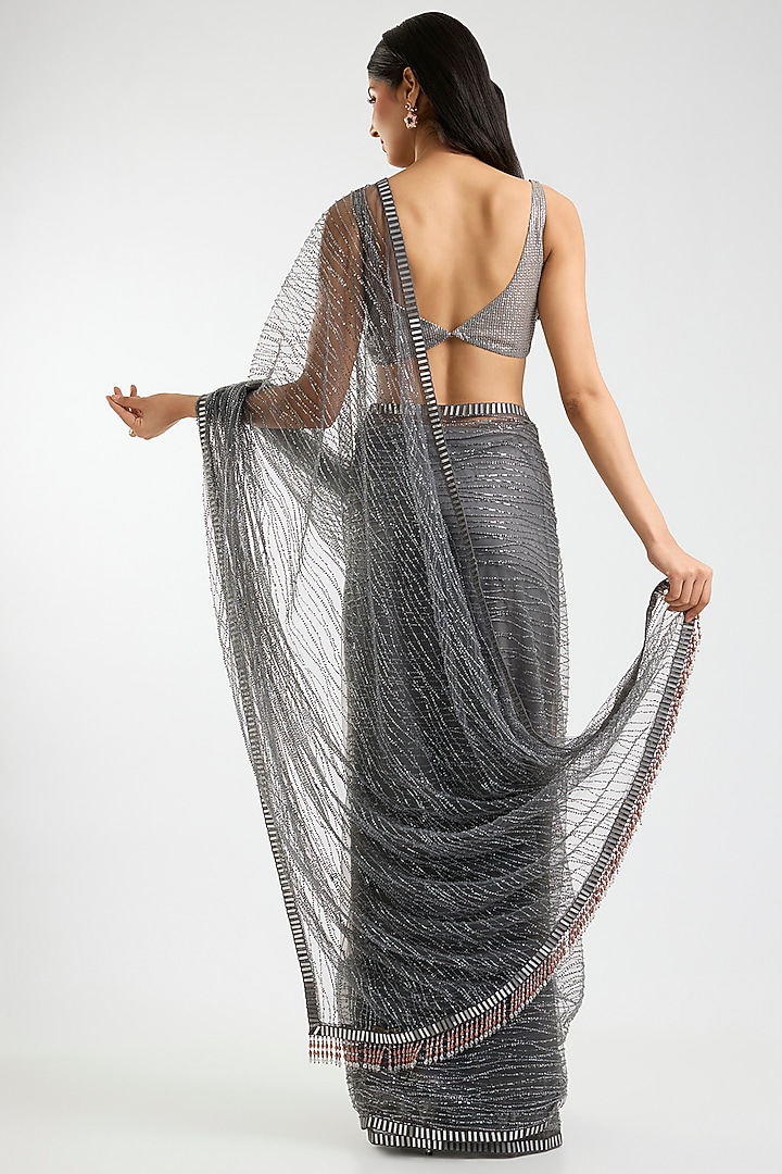 Dark Grey Net Sequins & Mirror Work Reception Saree Set by Sawan Gandhi at Pernia's Pop Up Shop