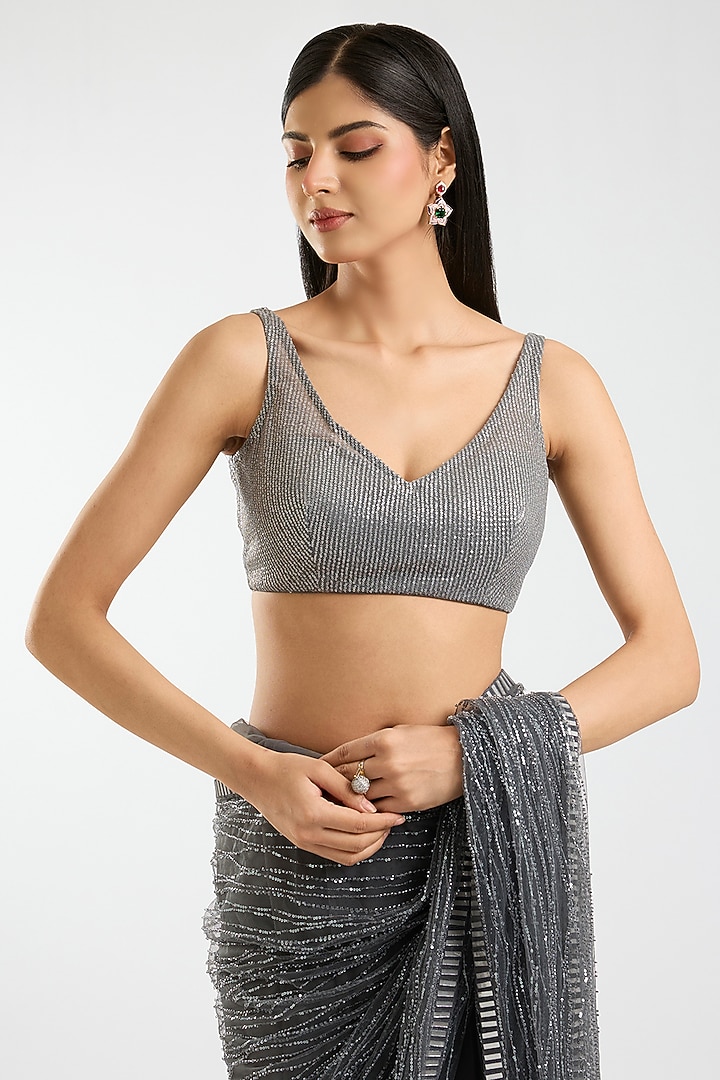 Dark Grey Net Sequins & Mirror Work Reception Saree Set by Sawan Gandhi at Pernia's Pop Up Shop
