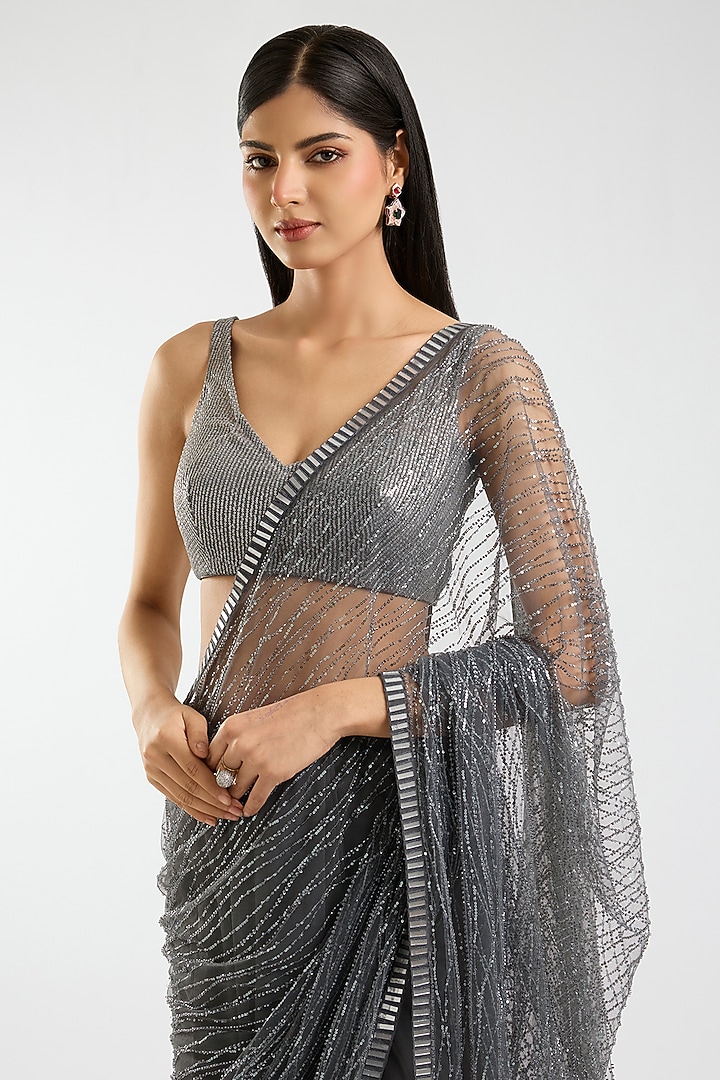 Dark Grey Net Sequins & Mirror Work Reception Saree Set by Sawan Gandhi at Pernia's Pop Up Shop