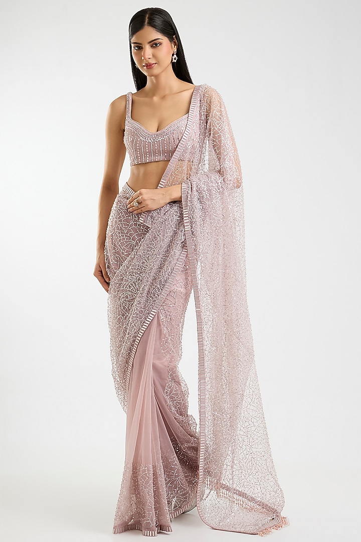 Blush Pink Net Sequins Bridal Saree Set by Sawan Gandhi at Pernia's Pop Up Shop