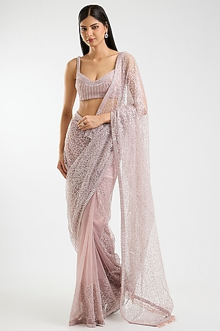 Blush Pink Net Sequins Saree Set by Sawan Gandhi