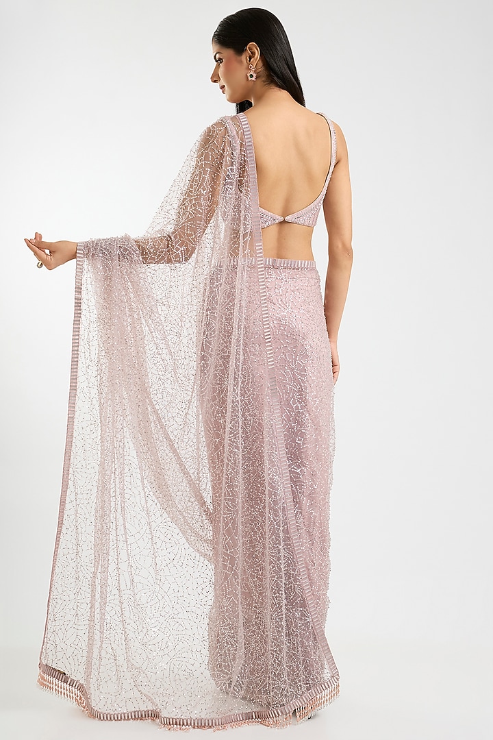 Blush Pink Net Sequins Bridal Saree Set by Sawan Gandhi at Pernia's Pop Up Shop