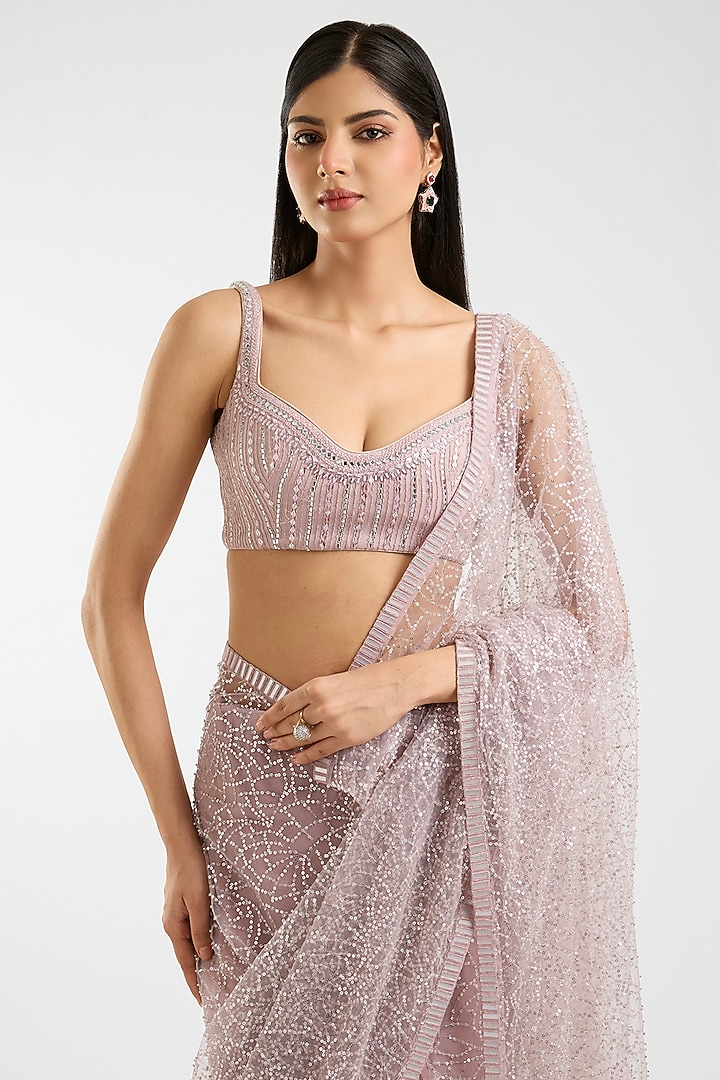 Blush Pink Net Sequins Bridal Saree Set by Sawan Gandhi at Pernia's Pop Up Shop