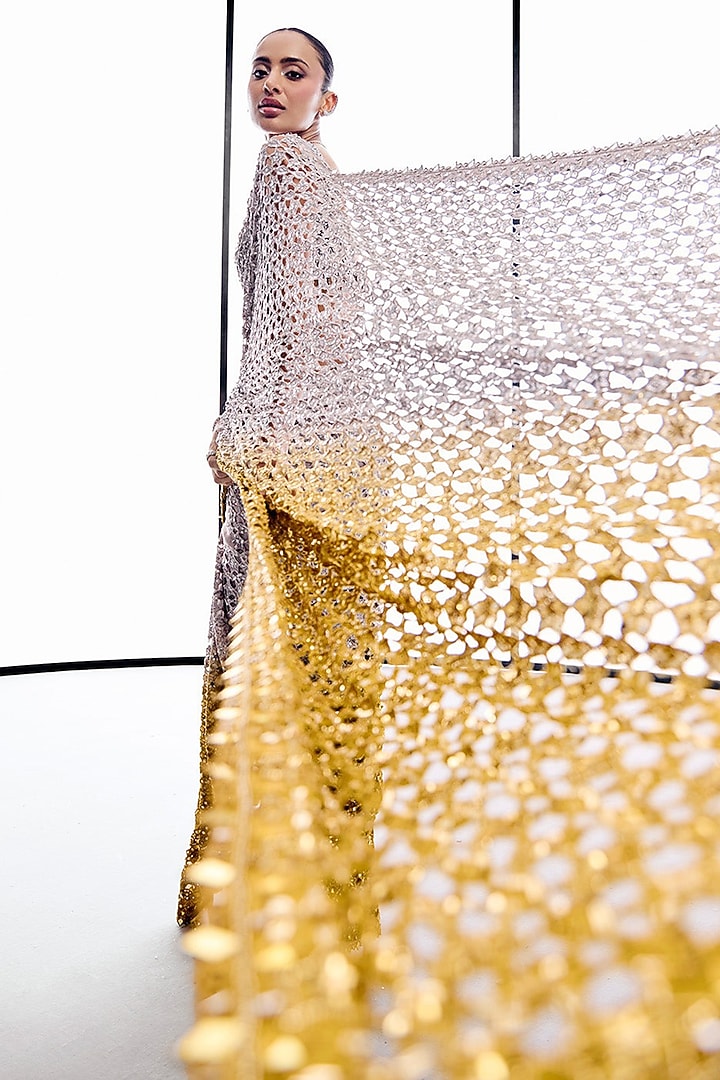 Silver & Ochre Ombre Sequins Embroidered Bridal Saree Set by Sawan Gandhi at Pernia's Pop Up Shop
