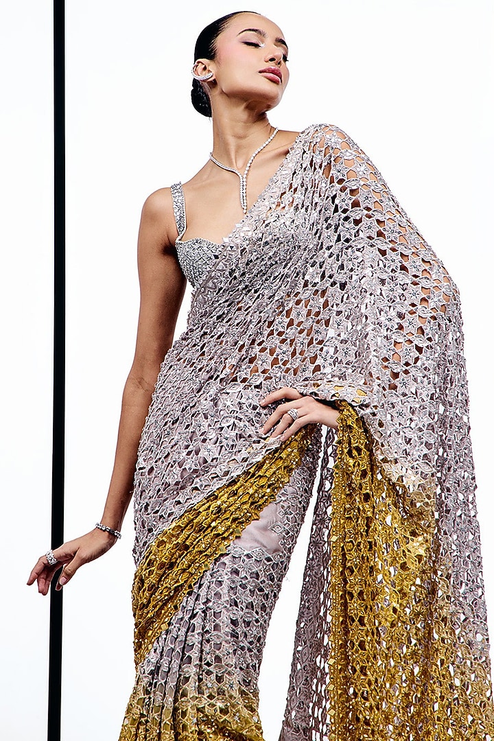 Silver & Ochre Ombre Sequins Embroidered Bridal Saree Set by Sawan Gandhi at Pernia's Pop Up Shop