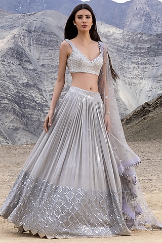Grey Georgette Sequins Embroidered Lehenga Set by Sawan Gandhi